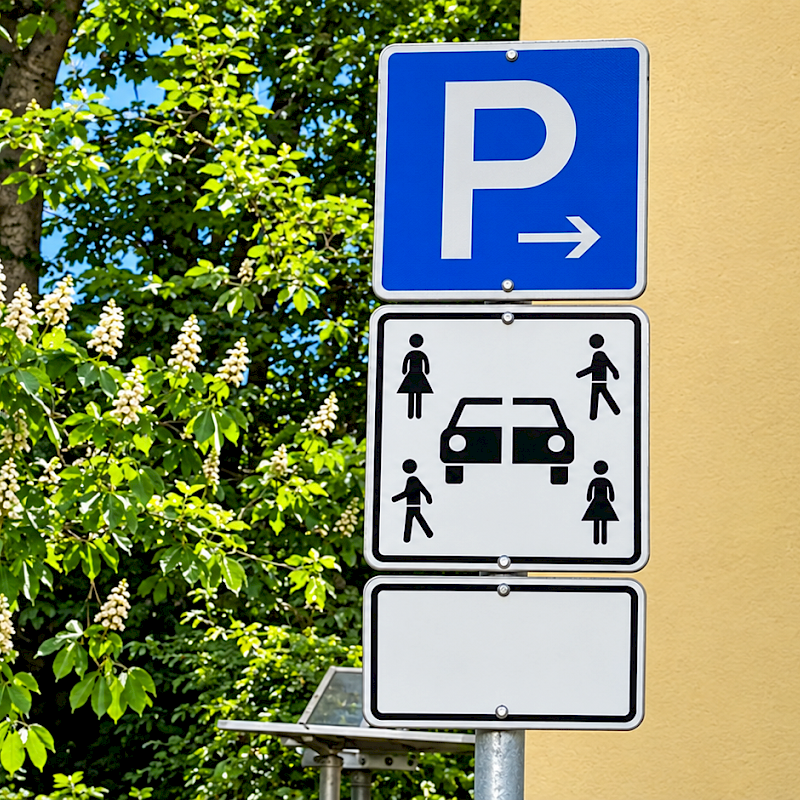 Auf dem Bild ist ein Verkehrsschild, das Carsharing anzeigt zu sehen. Das Verkehrsschild zeigt unter dem Parkenschild vier Personen (zwei männliche und zwei weibliche Piktogramme) und ein durchtrenntes Fahrzeug. Das Zeichen weist klar darauf hin, dass dieser Parkplatz Carsharing-Fahrzeugen vorbehalten ist.