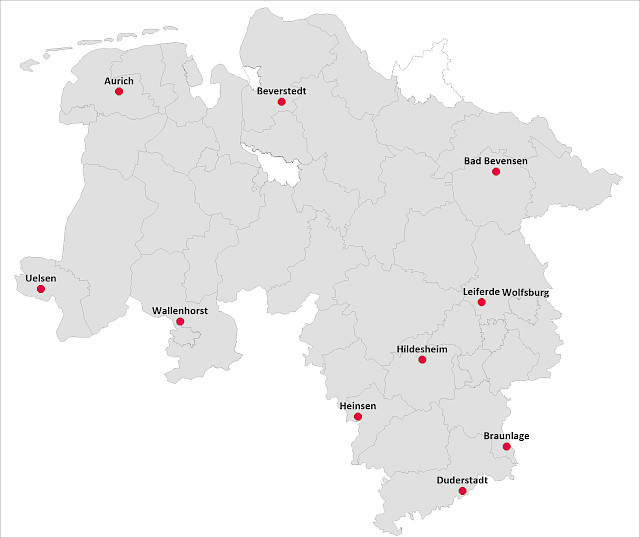 Karte mit den 10 Kommunen der Fußverkehrs-Checks 2026