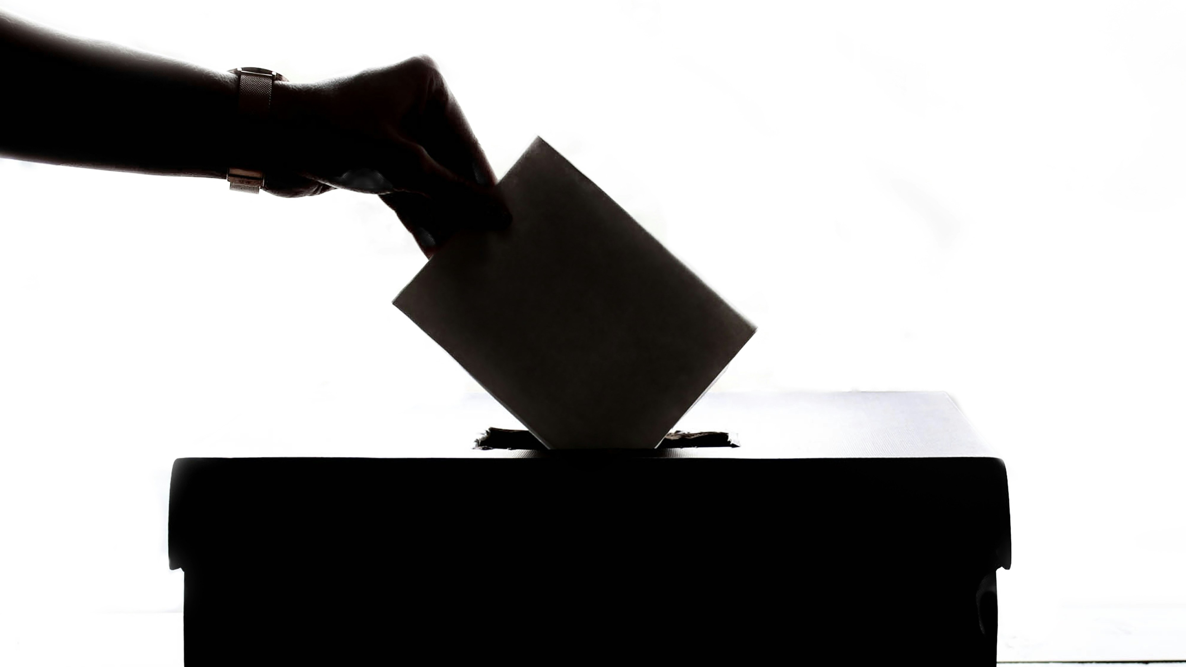 Auf dem schwarz-weiß Bild ist eine Hand zu sehen, die ihren Wahlzettel in eine Wahlurne steckt.