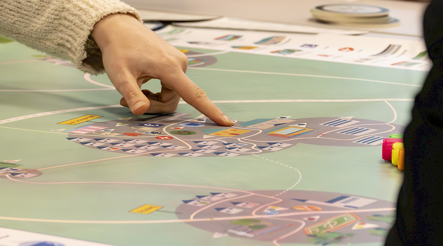 Der Spielplan des Planspiels Mobiland ist zu sehen. EIne Hand zeigt auf den Spielplan.
